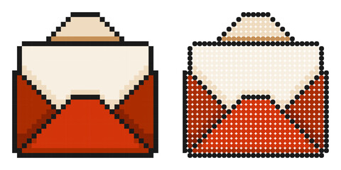 Pixel icon. Festive envelope with white sheet of paper inside. Greeting card or letter for holiday. Simple retro game vector isolated on white background