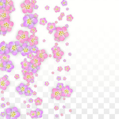 Blue Vector Realistic Blue Petals Falling on Transparent Background.  Spring Romantic Flowers Illustration. Flying Petals. Sakura Spa Design. Blossom Confetti. Design Elements for Wedding Decoration.