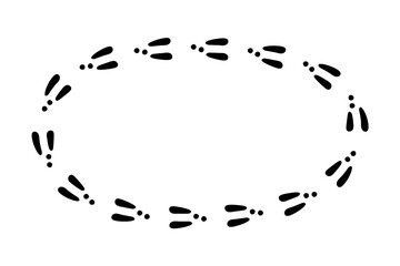 Rabbit or hare footprint trail. Bunny foot prints on snow. Rabbit paw steps. Hare steps track. Rectangular frame. Vector illustration isolated on white background in flat style.