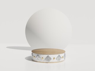 On a white background, an empty white cylinder podium with a silver border. 3D geometric shape abstract simple studio object. Mockup area for product design exhibition. Rendering in three dimensions.