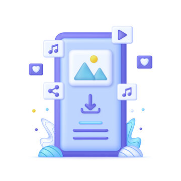 3D Download file illustration. Searching image and video files in database concept. File transfer and sharing. Social media icon. The concept of loading documents. Modern vector in 3d style.