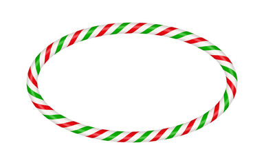 Christmas candy cane oval frame with red and green striped. Xmas border with striped candy lollipop pattern. Blank christmas and new year template. Vector illustration isolated on white background.