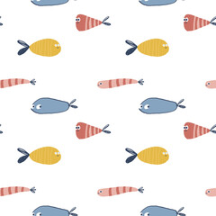 Seamless pattern with cute colored hand drawn fishes. Nice funny doodle water animals with big eyes and small fins.