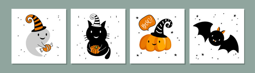 Halloween card set. Baby card collection. Four cards with nice good-natured ghosts, black cat, pumpkin, bat. Card set for happy Halloween party. Funny Happy Halloween flat cartoon vector Illustration.