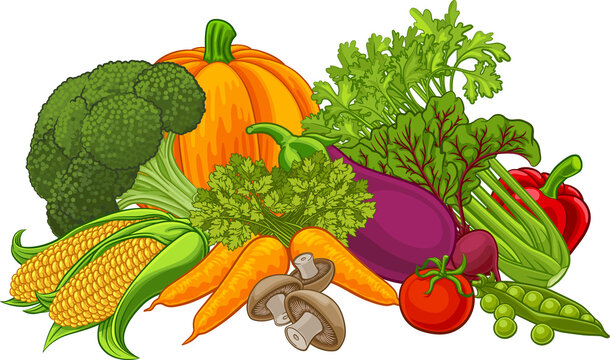 Vegetables fruit food cartoon produce grocery illustration