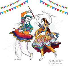 Beautiful couple playing dandiya in disco garba night background