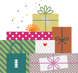 Image of colorful gift boxes lined up on Christmas day on transparent background.