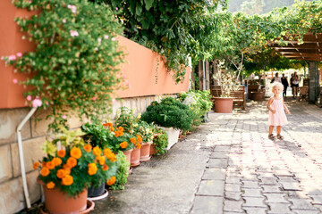 Fototapeta na wymiar Little girl stands on the paving stones near the stone fence with flowering pots. High quality photo