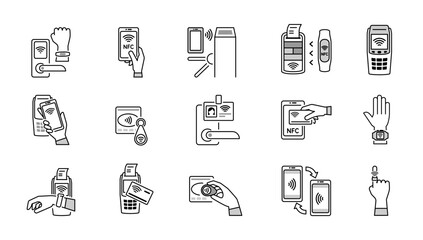nfs icons. distantion payments systems digital gadhets smartphones and terminals wallets. Vector linear set