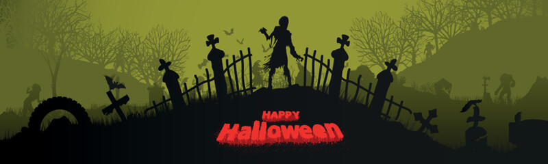 Cemetery with monsters and zombies. Happy Halloween, scary cemetery theme. Vector graphics