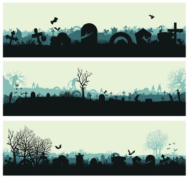 Set of panoramas with cemeteries. Halloween theme of scary cemeteries. vector graphics
