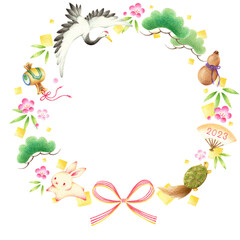 縁起物とうさぎの2023年のお正月リース　手描き色鉛筆画