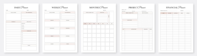 Daily, Weekly, Monthly, Project, Financial Planner Template. Planner Pages Templates. Life & Business Planner Design Template. Minimalist Planner Pages Templates Set. Organizer & Schedule Planner. - obrazy, fototapety, plakaty