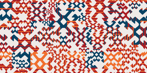 Fototapeta premium Seamless pattern in patchwork style. Embroidered print for carpet, textile, wallpaper, wrapping paper. Ethnic and tribal motifs. Handwork. Vector illustration.