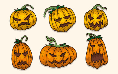 Scary pumpkin face expression hand drawn collection for halloween character