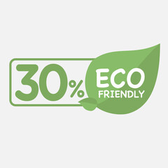 30% Eco friendly green leaf label sticker. 2d vector illustration. Eco friendly stamp icons Vector illustration with Green organic plant leaf.