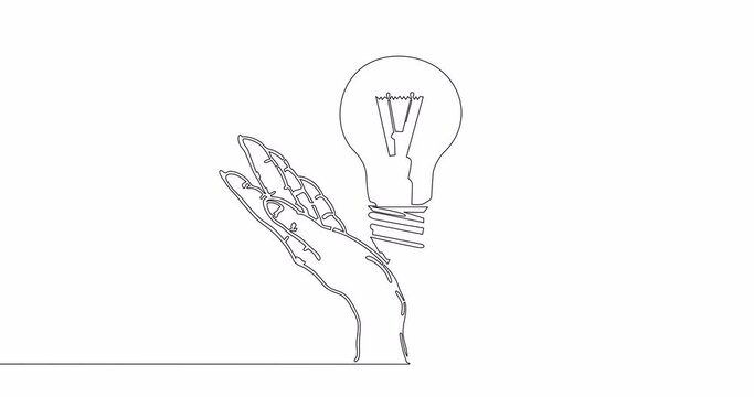Self drawing line animation Finding an idea lamp in hands continuous one single line drawn concept video
