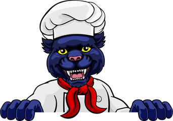 A panther chef mascot cartoon character peeking over a sign © Christos Georghiou