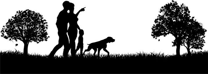 Silhouette Family People Walking Dog Park Outdoors
