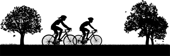 A scene of silhouette cyclist people in the park or other outdoor setting exercising and enjoying nature doors by cycling their bikes or bicycles. - obrazy, fototapety, plakaty