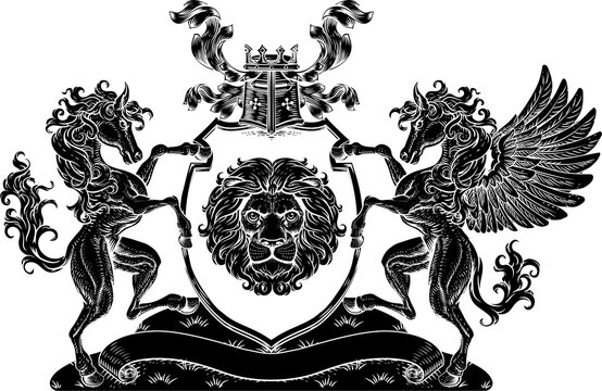Crest Pegasus Horse Coat of Arms Lion Shield Seal