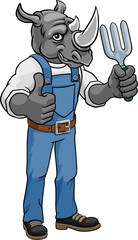 A rhino gardener cartoon gardening animal mascot holding a garden fork tool and giving a thumbs up