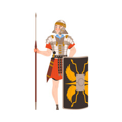Ancient Man Roman Character in Armour Standing with Shield and Spear from Classical Antiquity Vector Illustration
