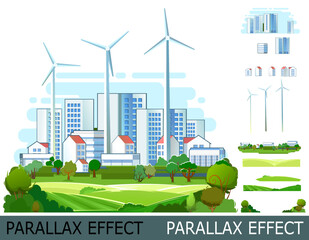 Wind power generator. Suburban comfortable village. Cartoon flat style. Isolate. Image from layers for overlay with parallax effect. An environmentally friendly source of renewable energy. Vector.