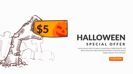 halloween special offer concept. zombie hand holding $5 voucher. vector illustration