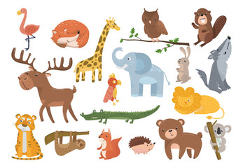 Cute Forest and African Animals as Wildlife and Zoo Fauna Vector Set