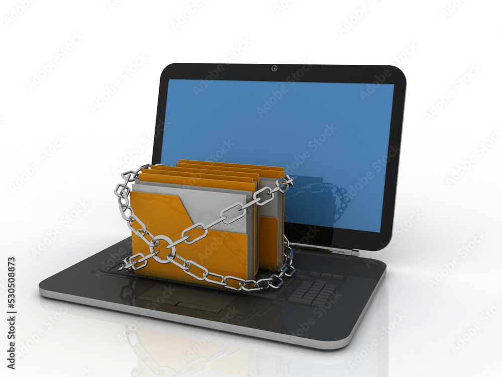 Poster 3d rendering folder on laptop with lock