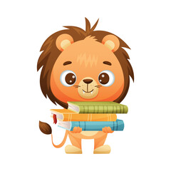 Cute Lion Animal Carrying Pile of Books in Hard Cover for Reading Vector Illustration