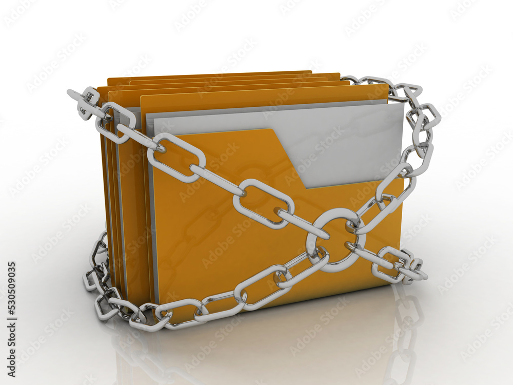 Poster 3d rendering yellow folder and lock. data security concept