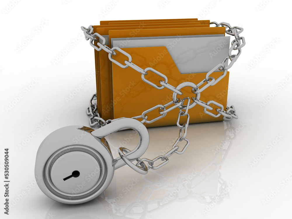 Poster 3d rendering yellow folder and lock. data security concept