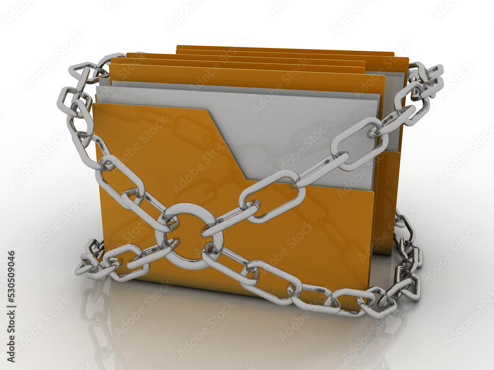Poster 3d rendering yellow folder and lock. data security concept