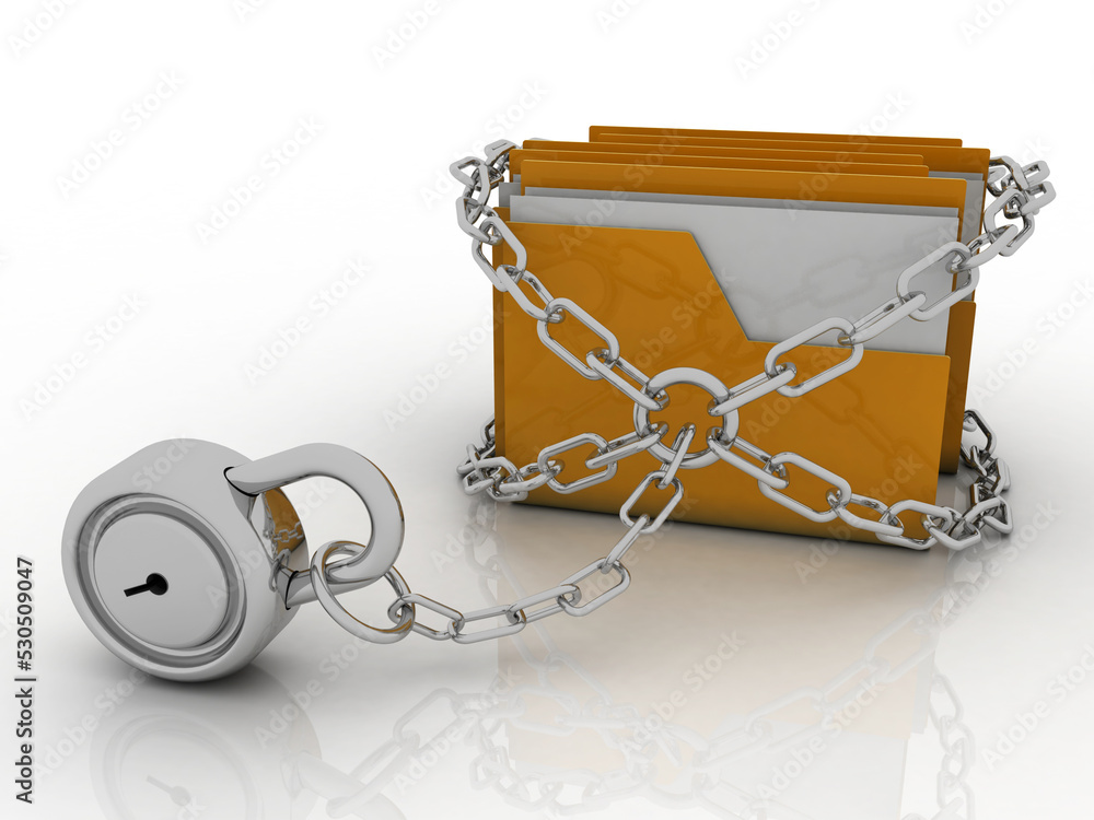 Poster 3d rendering yellow folder and lock. data security concept