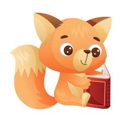 Cute Red Fox with Bushy Tail Reading Book in Hard Cover Enjoying Interesting Story Vector Illustration
