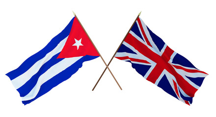 Background, 3D render for designers, illustrators. National Independence Day. Flags Cuba and Great Britain