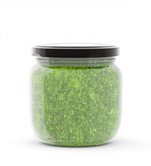 Empty packaging, mockup. Glass jar 250 ml with green pesto on a white background. 3d illustration, 3d render