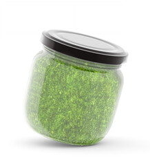 Empty packaging, mockup. Glass jar 250 ml with green pesto on a white background. 3d illustration, 3d render