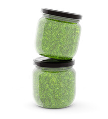 Empty packaging, mockup. Glass jar 250 ml with green pesto on a white background. 3d illustration, 3d render