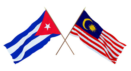 Background, 3D render for designers, illustrators. National Independence Day. Flags Cuba and Malaysia