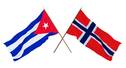 Background, 3D render for designers, illustrators. National Independence Day. Flags Cuba and Norway