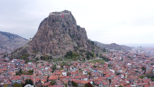 Aerial view of Historical Afyon castle and city landscape in Turkey.