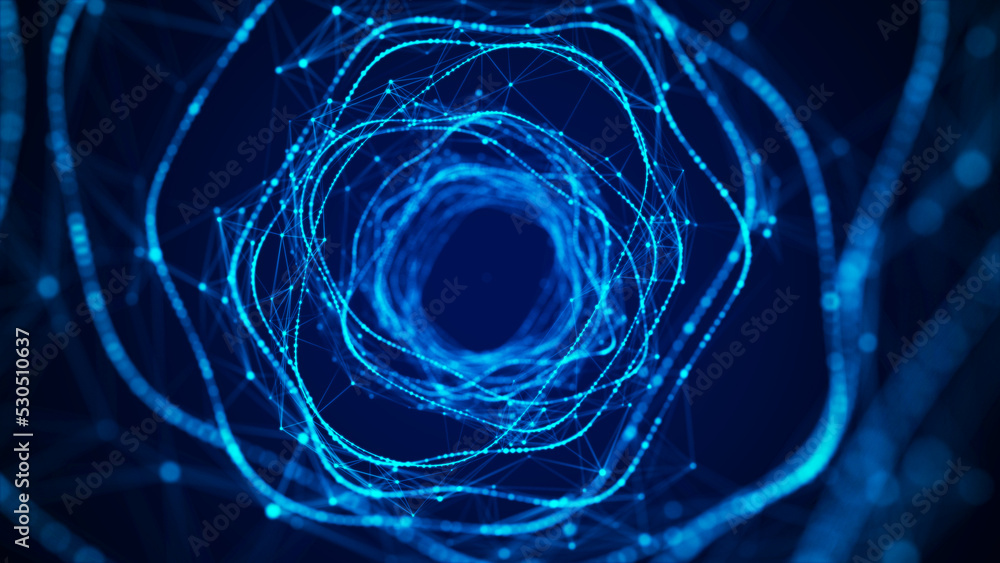 Poster Abstract dynamic wireframe tunnel on blue background. Deep wavy wormhole. Futuristic particle flow. 3d rendering.