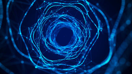 Abstract dynamic wireframe tunnel on blue background. Deep wavy wormhole. Futuristic particle flow. 3d rendering.