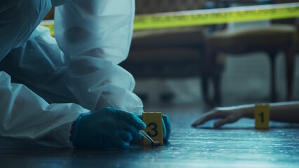 Detective Collecting Evidence in a Crime Scene. Forensic Specialists Making Expertise at Home of a...