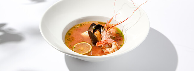 Traditional italian fish soup with shrimp, mussels and salmon. Seafood soup on white background. Tom yam kung with seafood. Spicy fish soup with prawns and lime on light background. Trendy food.