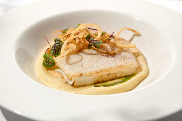 Roasted squid on mashed potatoes and crispy onion. Grilled squid with celery cream on white plate with shadows of leaves. Summer seafood menu. Roasted calamari in fine dining.