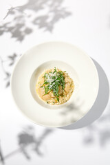 Italian cheese risotto on white plate. Creamy risotto topped parmesan cheese and espuma. Italian risotto with cheese on light background with shadows of leaves Simple italian menu